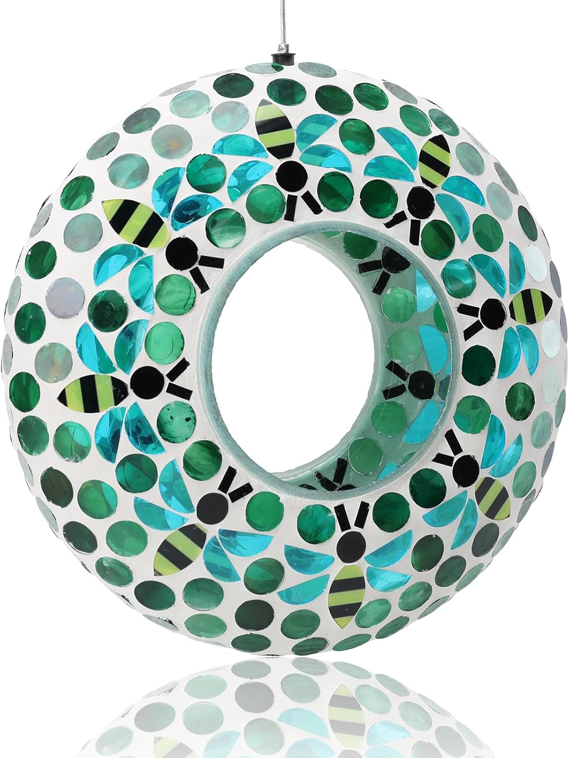 Yinns Bird Feeder - Fly Through Hanging Glass Large Bird Feeders for Outdoors Circle Wild Bird Mosaic Feeders Seed Container 9 inch