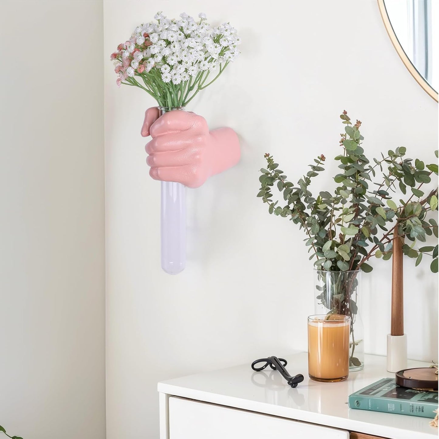 Pink Wall Sculpture,Wall Art Bedoroom,Hand Vase,Funky Flower Vase Decorations,Unique Wall Statue,Home Decor Art