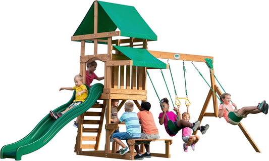 Backyard Discovery Belmont Cedar Wood Swing Set with Wave Slide, Play Deck, Rock Wall Ladder, Snack Bar Window, Shaded Picnic Area, Bench, Belt Swings, Trapeze, Sandbox Area, Canopy, Outdoor Playset