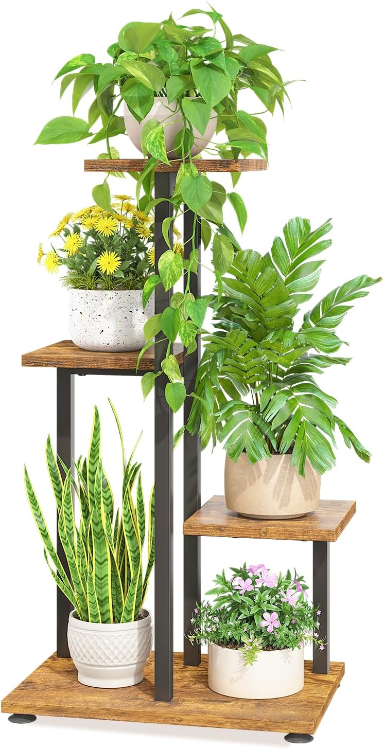 LASZOLA Black 4 Tiered Wood Plant Stand Indoor for Large Heavy Duty Planter, Sturdy Multi Level Corner Vertical Flower Rack for Narrow House, Rustic Tall Orchid Shelving Holder for Decor, Space Saving
