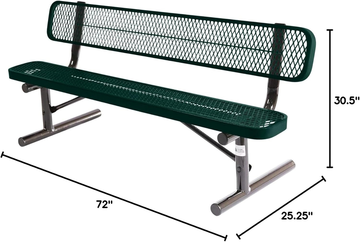 Heavy-Duty Portable Outdoor Bench Thermoplastic Coated, Expanded Metal, Commercial-Grade Seating, Made in America (Portable with Back, 6 Ft, Dark Green)