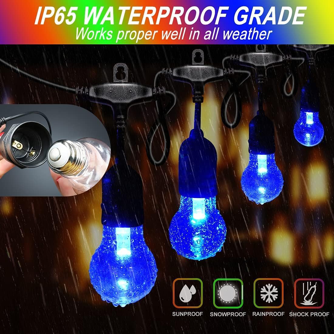 Auroraworld Outdoor Patio Lights Color Changing, 144FT RGB LED String Lights with E26 Shatterproof Edison Bulbs, Dimmable Patio String Lights for Bistro Backyard Garden, 1 Remote Controllers