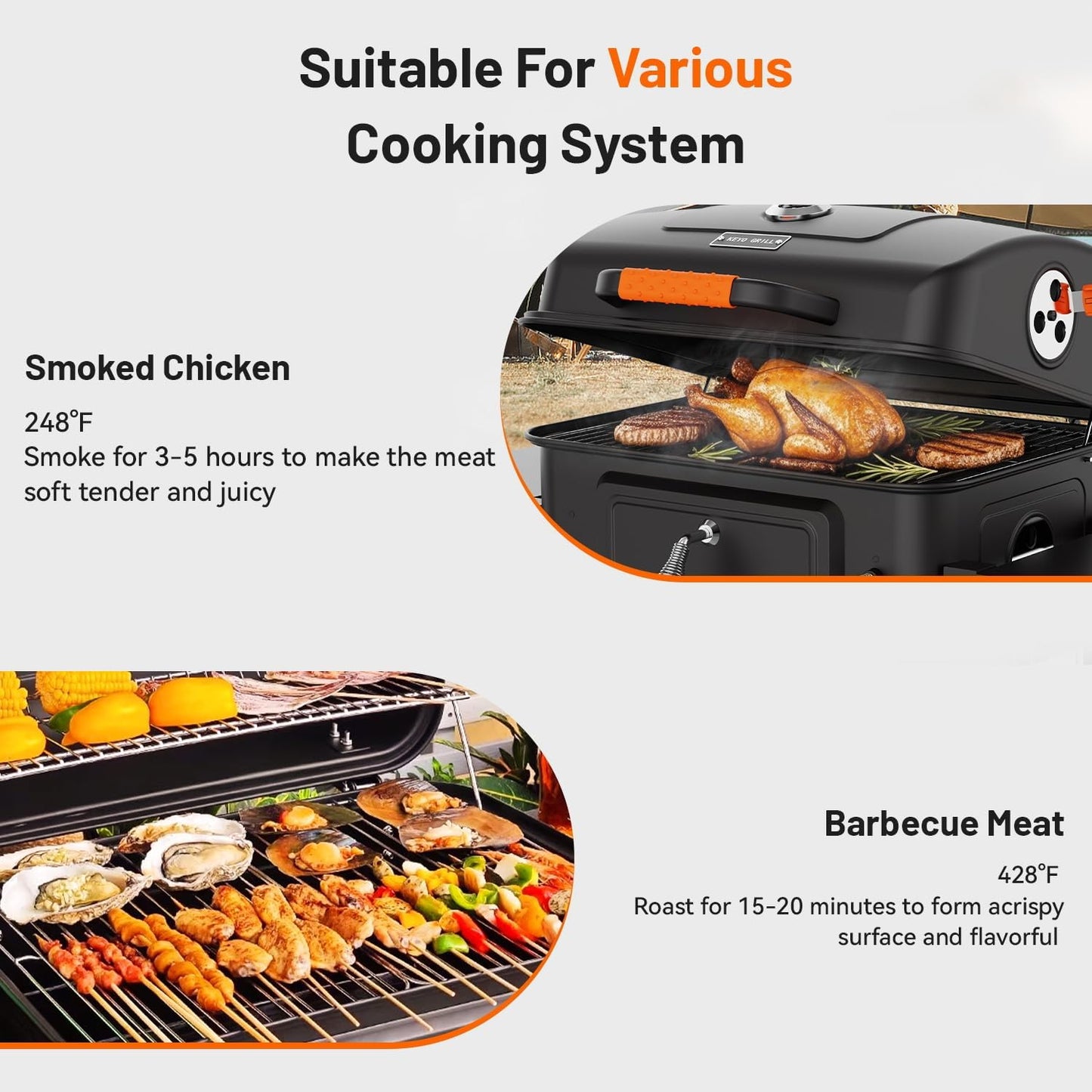 KEYO GRILL 24-Inch Movable Charcoal Grill, Dual Venting System Large BBQ Grills with Height Adjustable Charcoal Pan, Foldable Side Tables Outdoor Barbecue Grill for Backyard and Camping Grilling ﻿