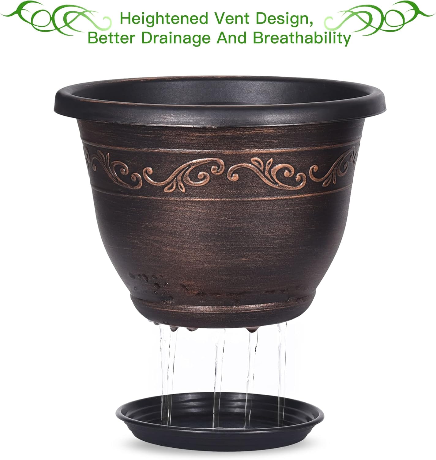 Plastic-Plant-Flower-Planters-14 Inch with Drainage Hole & Saucer, 3 Packs Lightweight Large Resin Flower Pot Indoor Outdoor, Retro Antique Imitation Decorative Garden Containers Sets for Houseplants