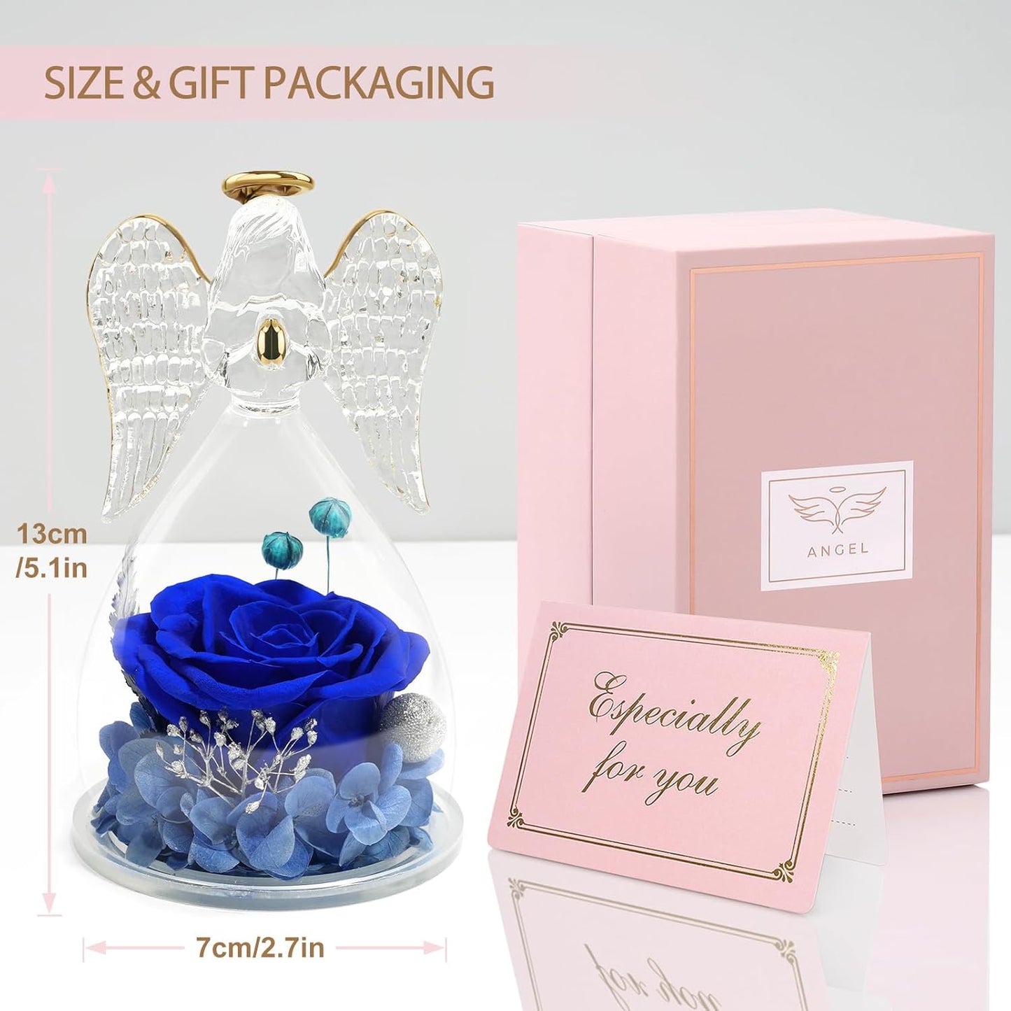 Yamonic Mom Birthday Gifts for Mom, Angel Figurines with Real Rose Gifts for Her Mom Grandma,Preserved Flowers Rose Angel Figurines for Mothers Day Christmas Anniversary Birthday Gifts for Her (Blue)