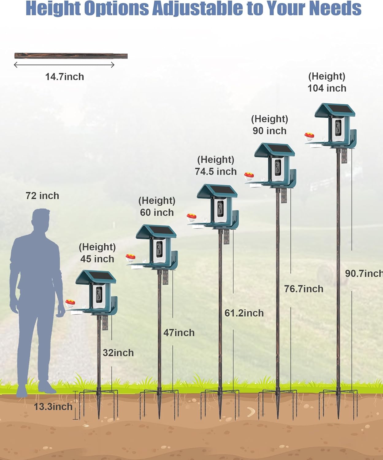 Bird Feeder Pole Stand – 104 Inch Height Feeding Station with 1-Inch Dia Heavy Duty for Hanging Feeders, Bird House Pole Mount Kit for Outdoor, Slip-Fit Connection，Copper Brushed