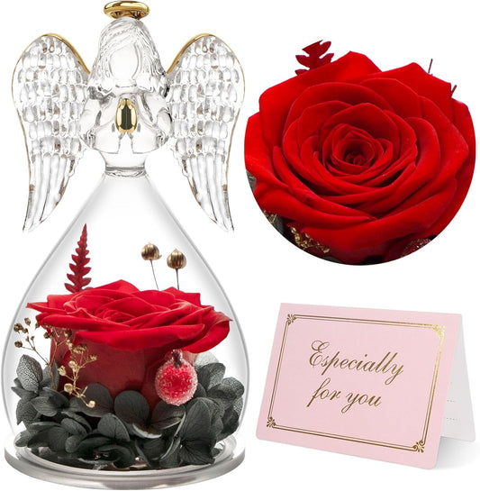 Yamonic Mom Birthday Gifts for Mom, Angel Figurines with Real Rose Gifts for Her Mom Grandma,Preserved Flowers Rose Angel Figurines for Mothers Day Christmas Anniversary Birthday Gifts for Her (Red)