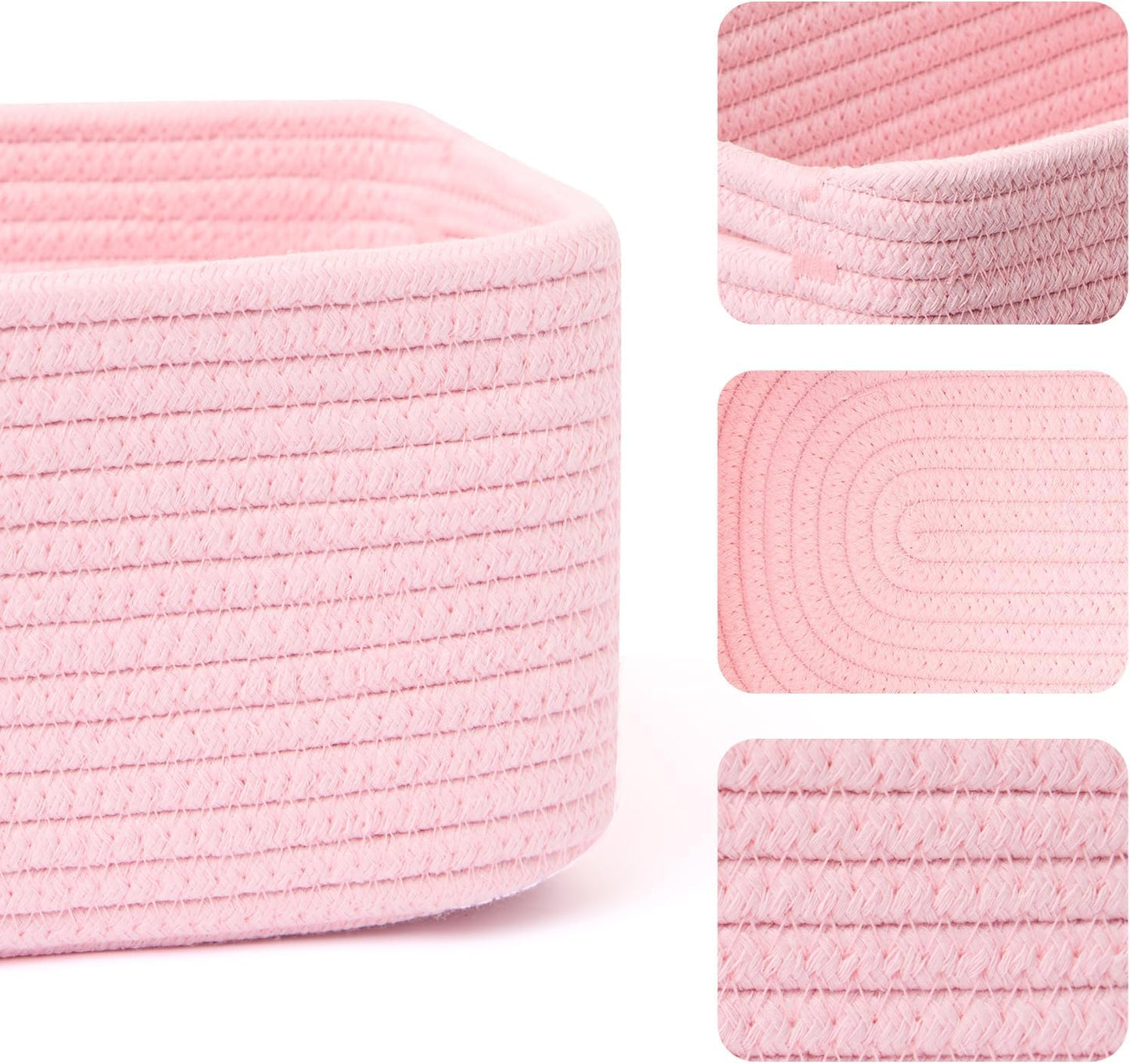 Small Storage Baskets for Organizing | Closet Organizer Bins | Shelf Toy Basket | Woven Rope Baskets | Cube Decorative Box | Shallow Basket | 13x8.5x5.1” | 4 Packs Light Pink