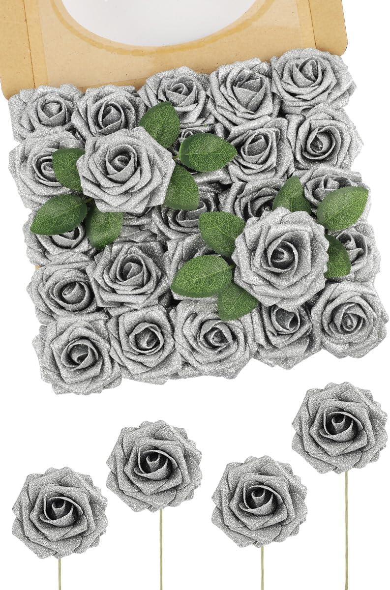 N&T NIETING Artificial Flowers Glowing Silver Flowers Foam 50pcs Glitter Roses Real Looking Fake Roses with Stem for DIY Wedding Bouquets Centerpieces Bridal Shower Party Home Decorations