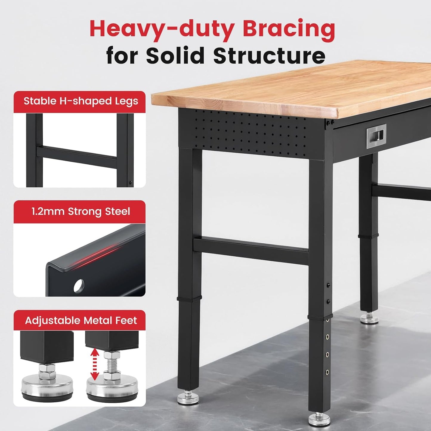 Work Bench for Garage 48 x 24 Inch Adjustable Height Workbenches with Drawers Heavy Duty Rubberwood Tabletop Work Table with Pegboard, Power Outlets for Office Home Commercial