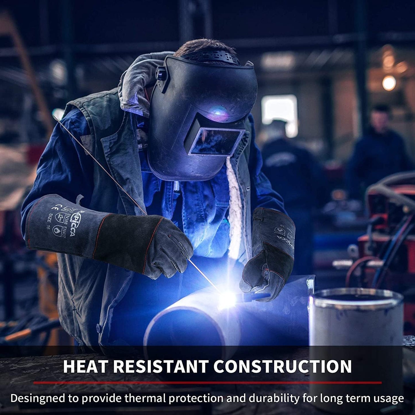 Fireplace Gloves Fire Heat Resistant: Dark-Grey 16IN 932℉ - Fireproof Leather for Fireplace Fire Pit Wood Stove Campfire Furnace BBQ Grill Oven Stick Mig Welding Welder Gear - Birthday Gift XL