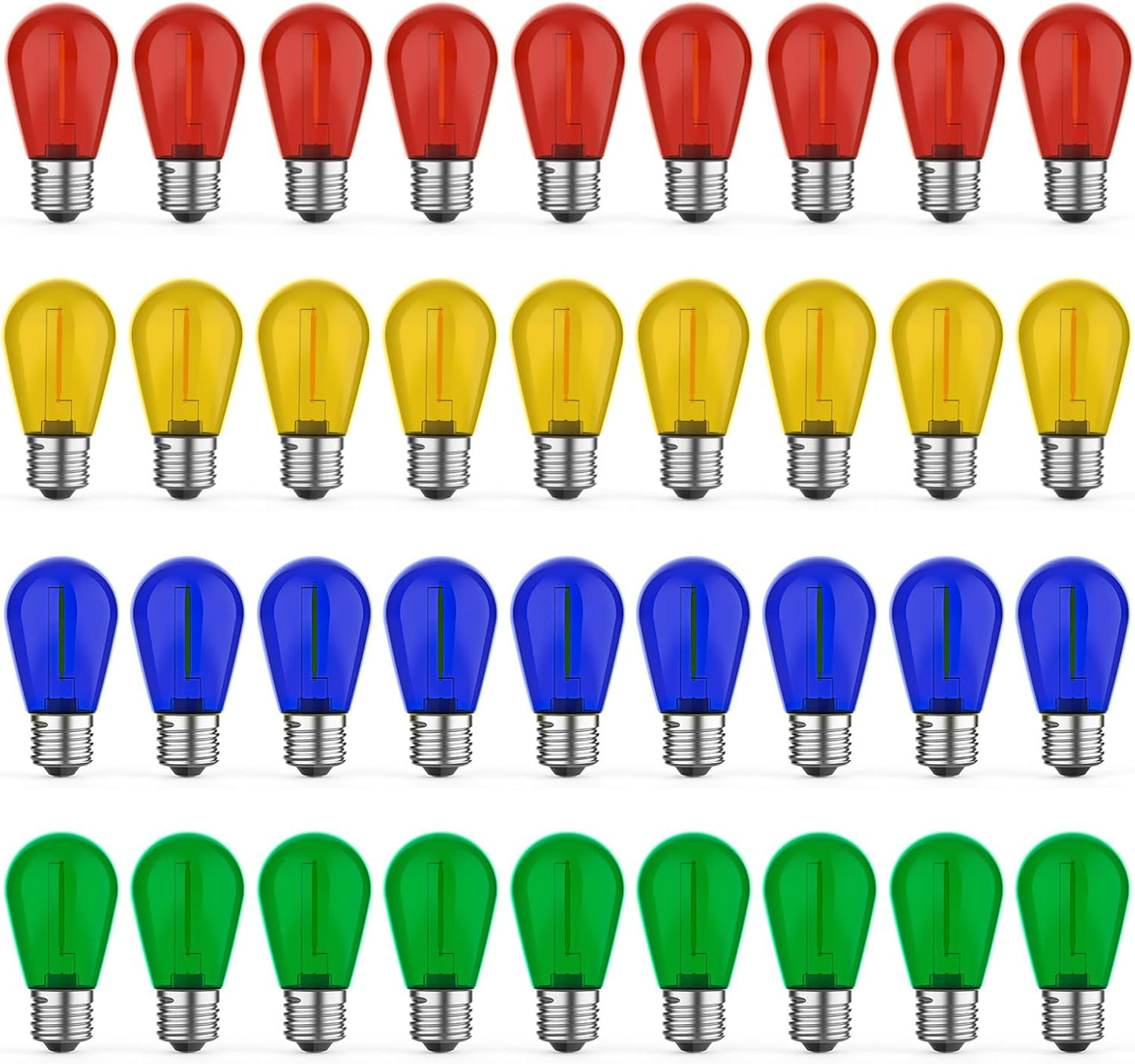 36 Pack LED S14 Colored Light Bulbs for Outdoor String Lights, Shatterproof 1W Replacement Bulbs for Party Lights, 2200K Warm White, Dimmable, E26 Base, Multi-Color: Red/Green/Blue/Orange