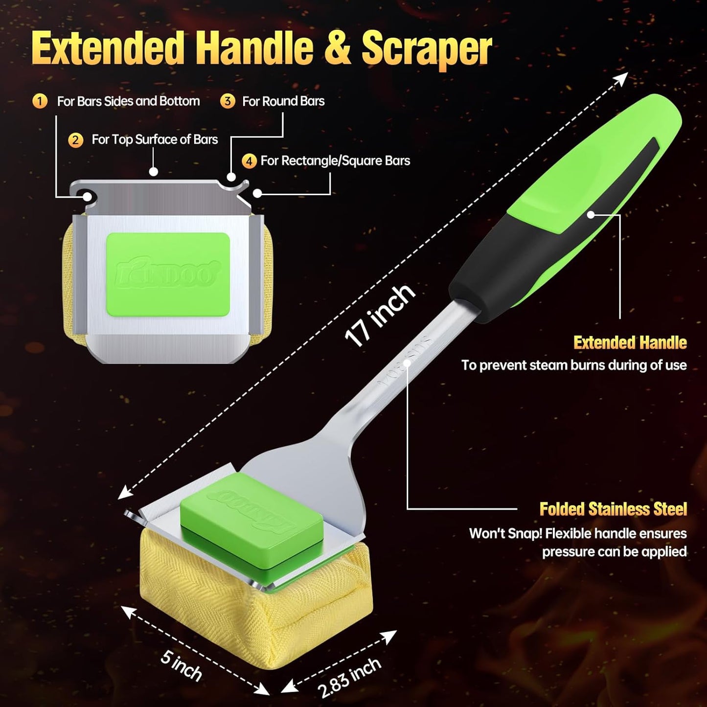 Grill Brush Bristle Free for Outdoor Grill, Steam Grill Cleaning Brush Replaceable BBQ Cleaner Brush Head,Extended Handle, Safe Grill Brush with Scraper for Cast Iron Stainless-Steel Grates, Green