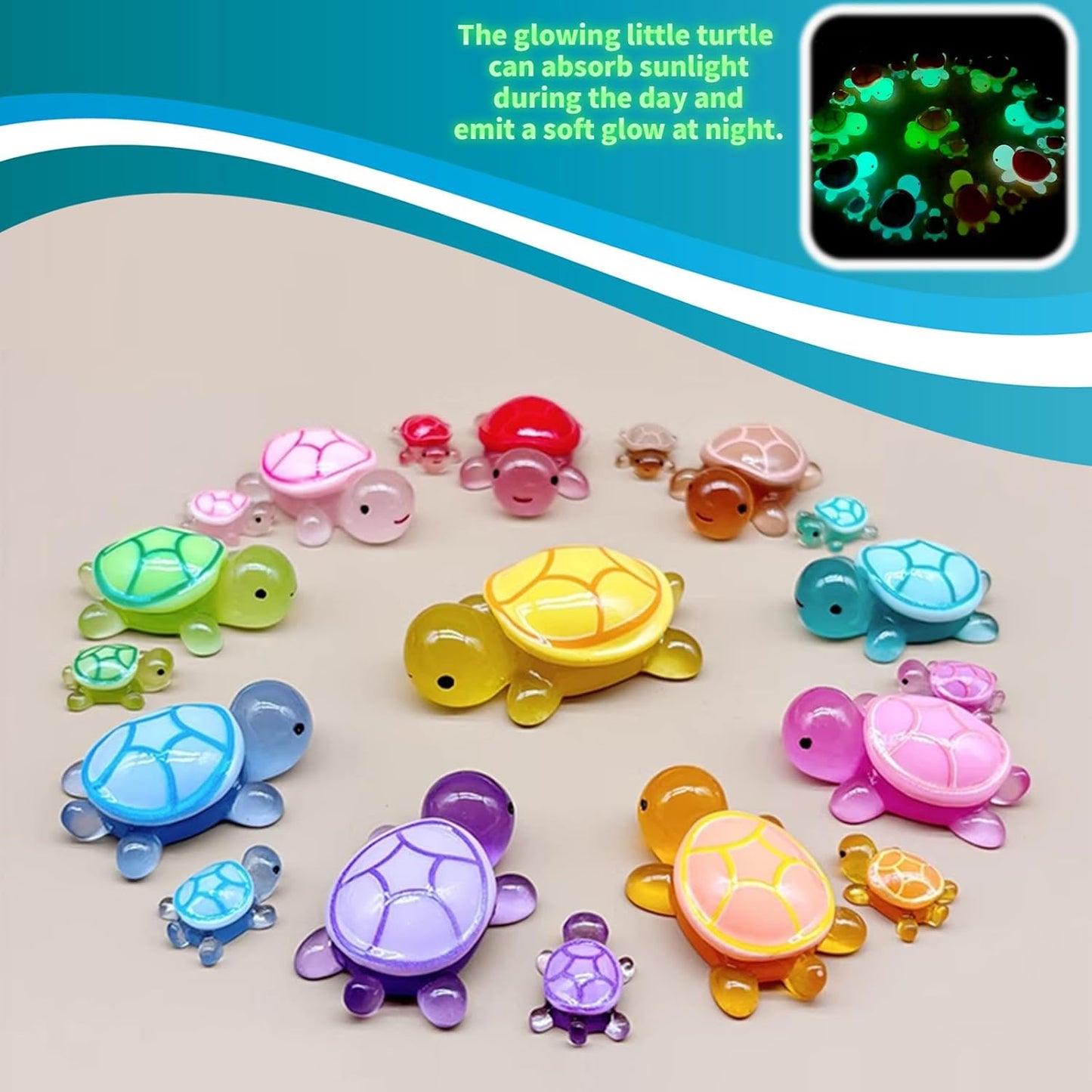 5 Pcs Large Glow in The Dark 3D Resin Turtles Miniature Garden Figurines,Accessories for Decorating DIY Dollhouse Fish Tank Fridge Wall Art, Safe, Durable, Non Fading 5 Colors