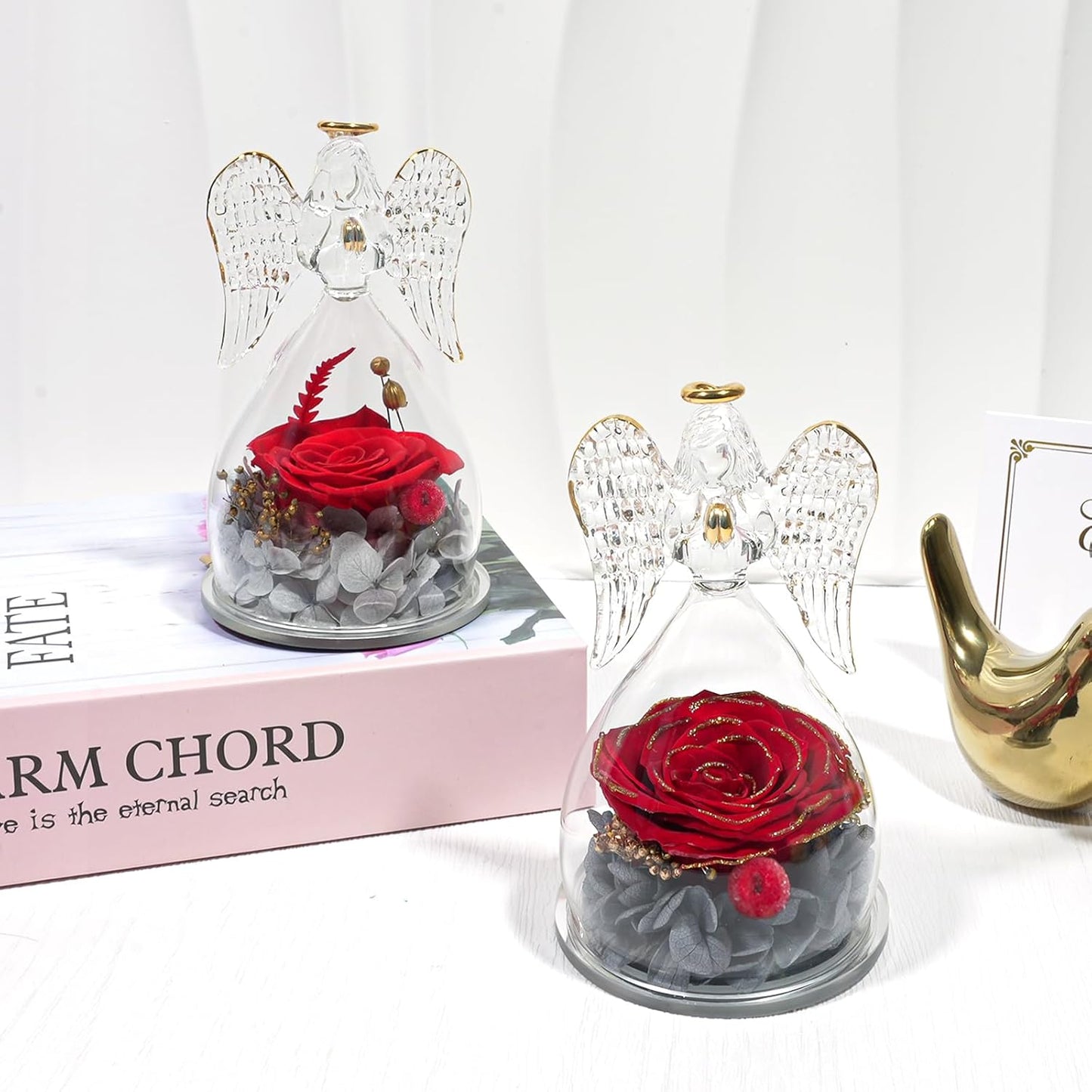 Yamonic Mom Birthday Gifts for Moms, Angel Figurines with Real Rose Gifts for Her Mother Grandma, Preserved Flowers Rose Angel Figurines for Mothers Day Christmas Birthday Gifts for Women(Redgold)