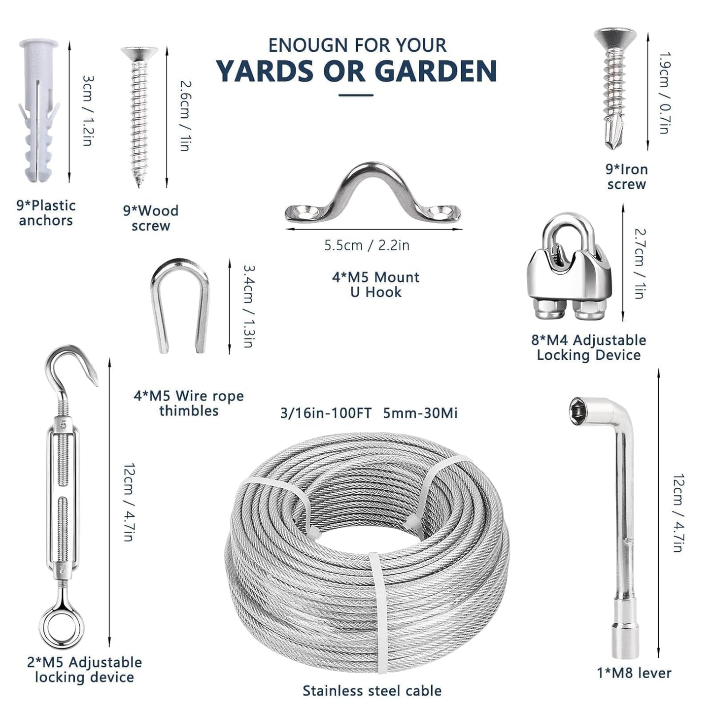 3/16 Wire Rope Kit, 100ft Vinyl Coated Galvanized Steel Cable with M5 Turnbuckles for Cables Wire, Rope Clamp & Thimble, 7X7 Strand Aircraft Cable for Anchored Shed, Fencing, Sunshade