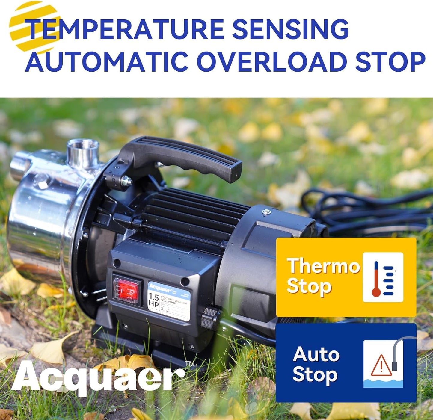 Acquaer 1.5 HP Portable Shallow Well Pump Garden Pump, Stainless Steel, 1210 GPH, 115V Sprinkler Water Transfer Draining Irrigation for Water Removal and Lawn Garden