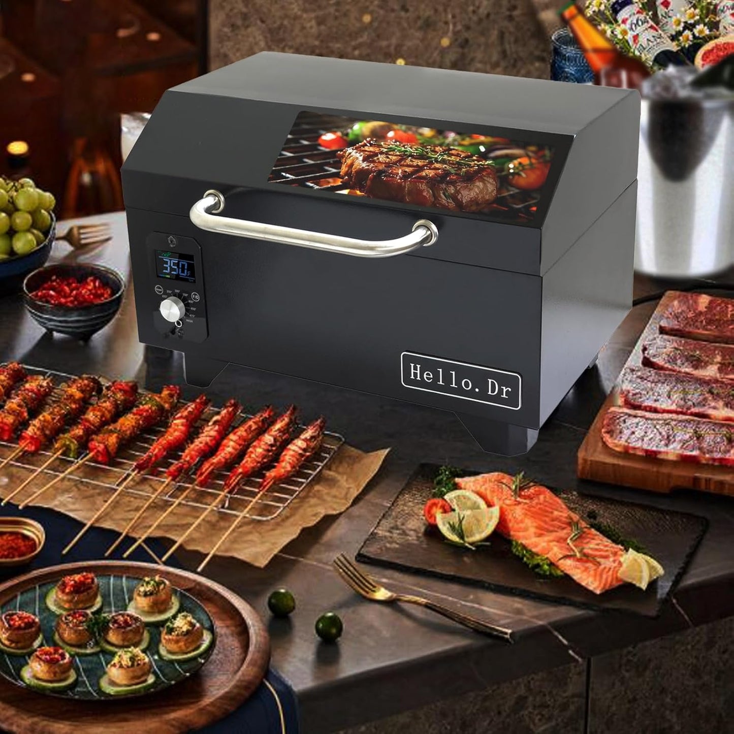 Portable Wood Pellet Grills 900°F，Smoker with Viewing Window – 8-in-1 BBQ, Digital Control, LED Screen, Temperature Control, Meat Probe，Bake and Roast, Ideal for Camping, RV, Beach Backyard