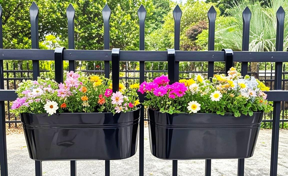 Hanging Planters for Outdoor Plants, 17" Railing Planter Pots, Metal Fence Flower Pot for Porch Balcony with Detachable Hook (Black, Pack of 2)