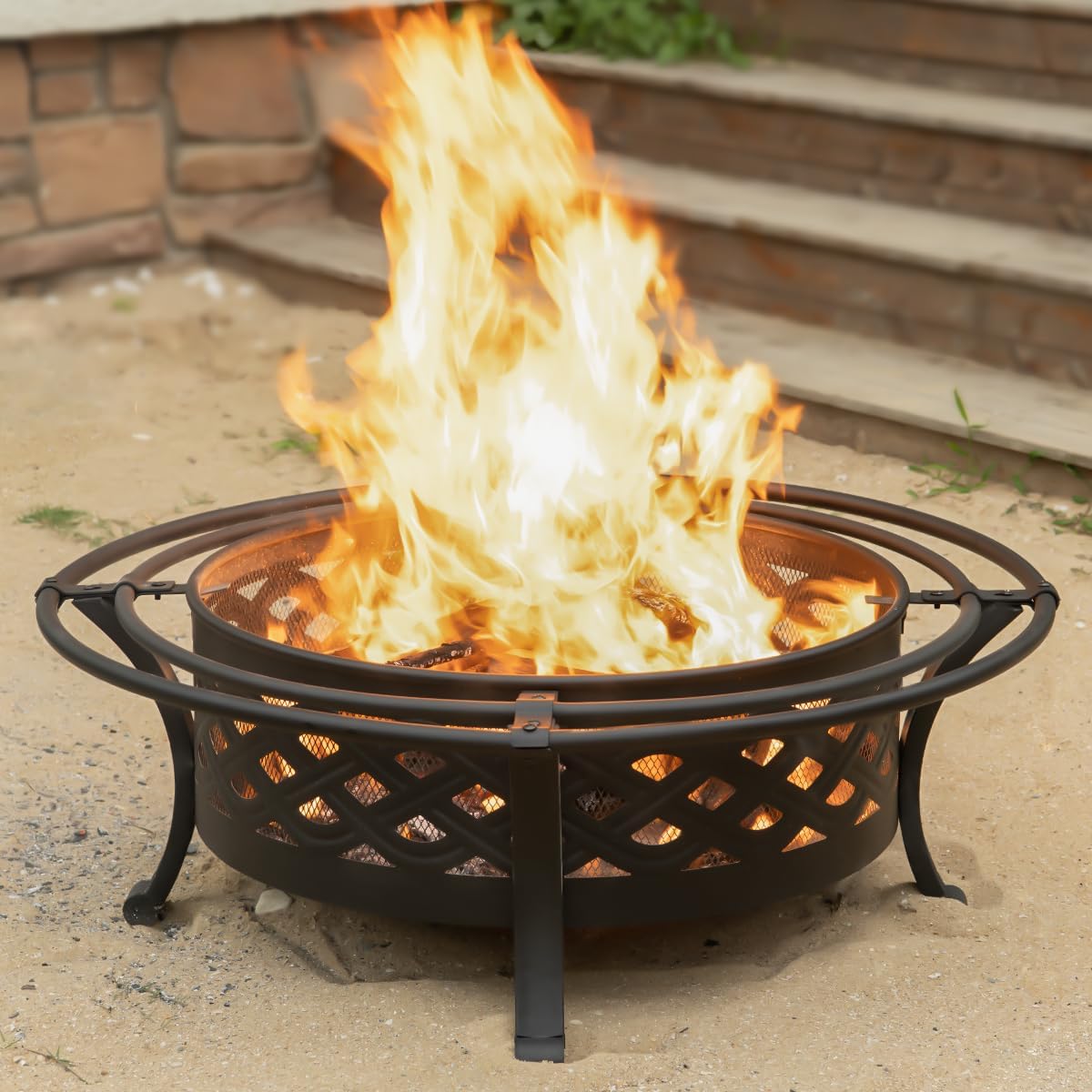 42 Inch Outdoor Fire Pit with 2 Loops,Crossweave Wood Burning Fire Pits for Outside,with Spark Screen,Fire Poker,Round Metal Firepit for Patio,Backyard,Beach,Camping,Bonfire(42''Black)