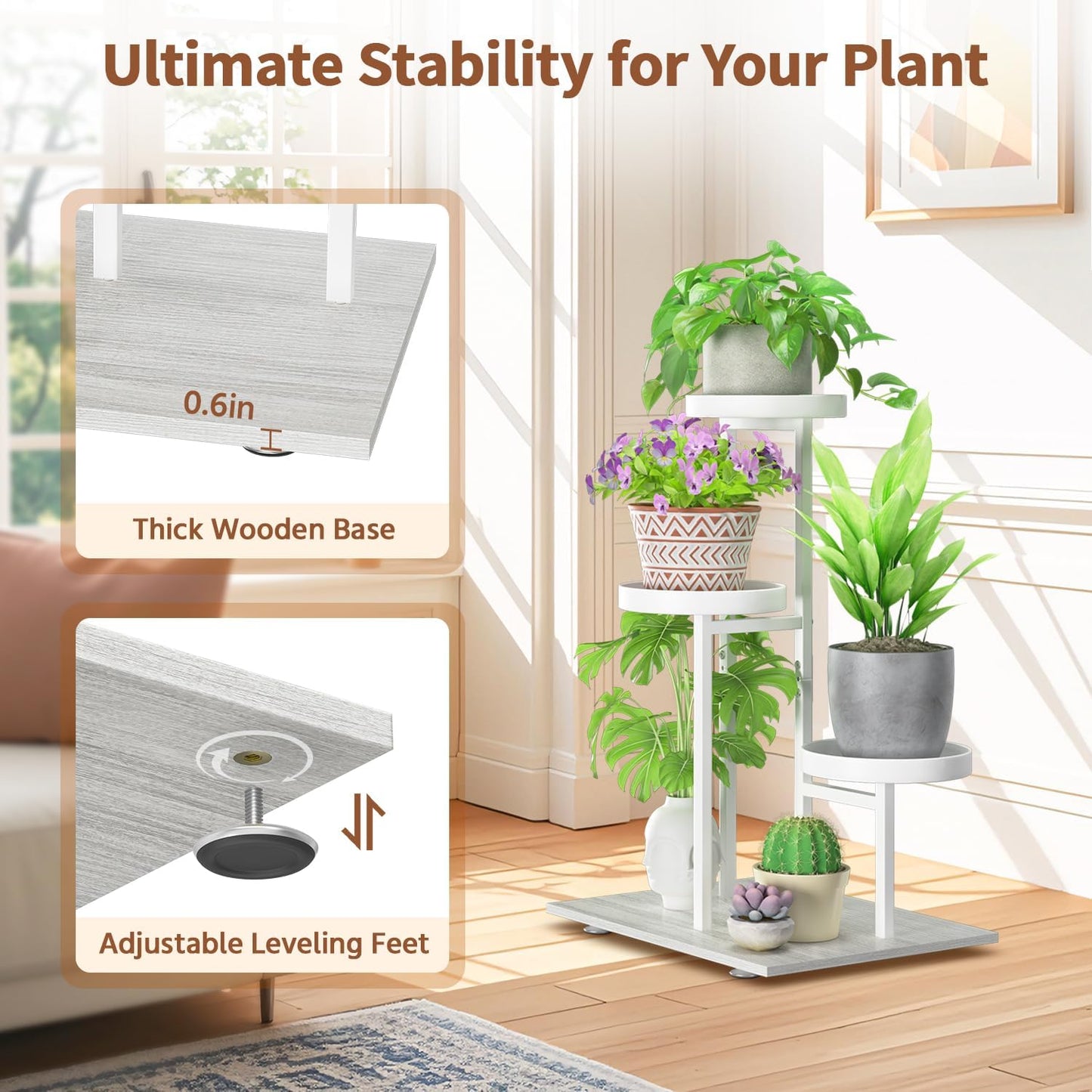 LASZOLA White 3 Tier Plant Stand Indoor Heavy Duty Rack for Modern House Planter, Metal and Wooden Vertical Organizer Decor Narrow Bathroom Floor, Sturdy Multi Level Flower Holder Raised, Cat Proof