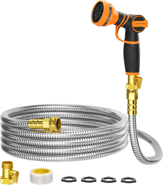 Girafe Tools Garden Hose 25ft x 5/8", 304 Stainless Steel Metal Water Hose, No Kink Garden Water Hose with 9 Pattern Spray Nozzle, Flexible, Lightweight, Kink Free Hose for Yard, Outdoor