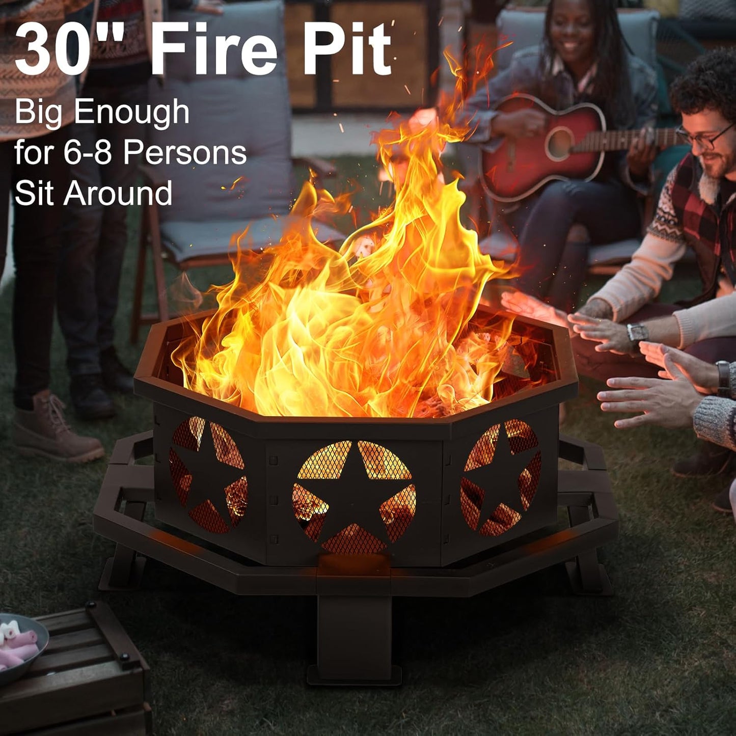32 inch Fire Pit for Outside, Heavy Duty Wood Burning Fire Pits with Fire Poker, Outdoor Octagonal Firepit for Camping, Yard, Patio