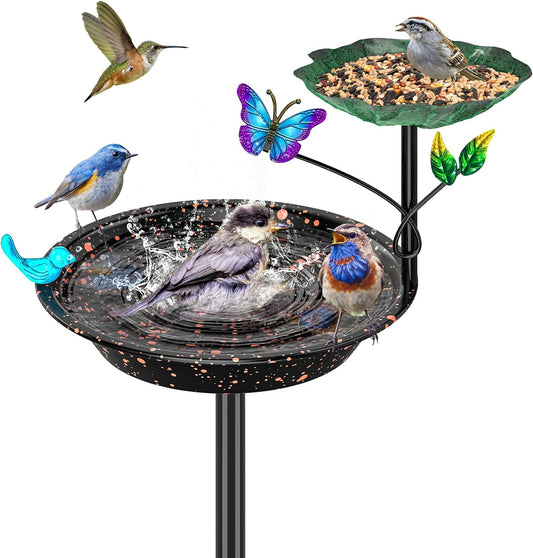 Metal Bird Bath for Outside Garden Birdbath Bowl, Freestanding Bird Feeders for Outdoors with 5 Prongs Base Stake, Standing Birdfeeders Birdbath Bowl for Yard Decor (2-in-1)