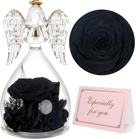 Yamonic Mom Birthday Gifts for Mom, Angel Figurines with Real Rose Gifts for Her Mom Grandma,Preserved Rose Angel Figurines for Women, Mothers Day Christmas Valentine's Day Gifts for Women (Black)