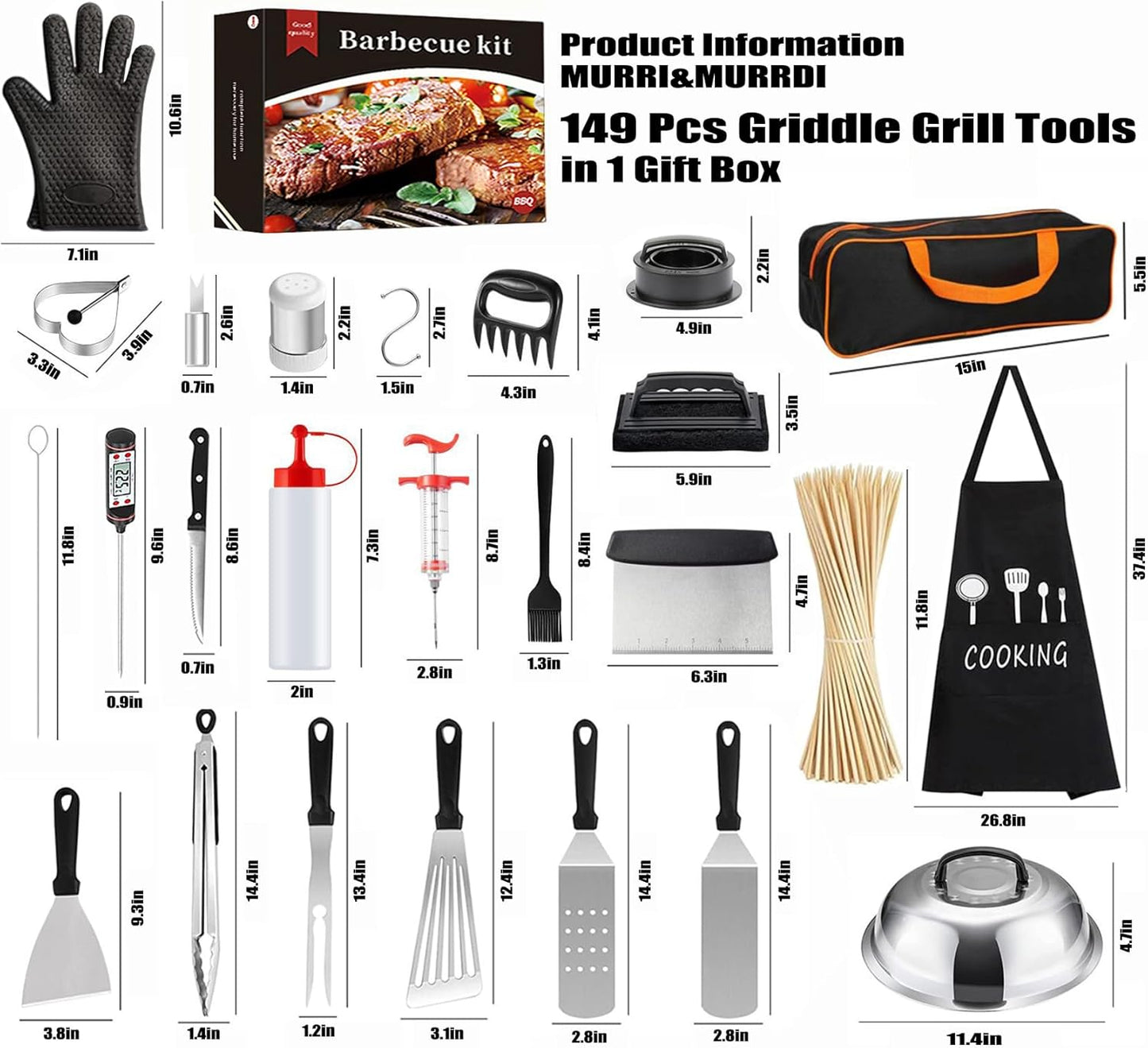 MURRI&MURRDI 149 Pcs Griddle Grill Tools Set, Stainless Steel Griddle Accessories Kit for Blackstone and Camp Chef, BBQ Grill Barbecue Tool Set with Carry Bag Barbecue Accessories Gifts for Men