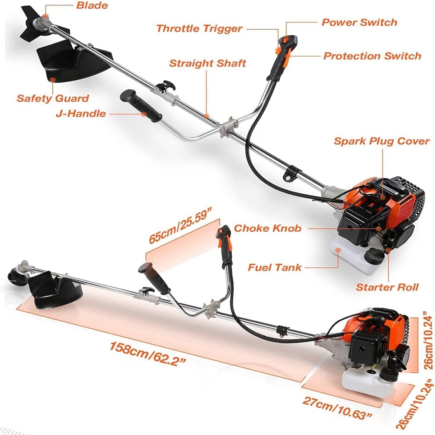 Homdox 58cc 2-Cycle Gas Weed Eater, 4 in 1 Gas Brush Cutter, String Trimmer and Weed Wacker Trimmer for Lawn and Garden Care Trimming, Orange.