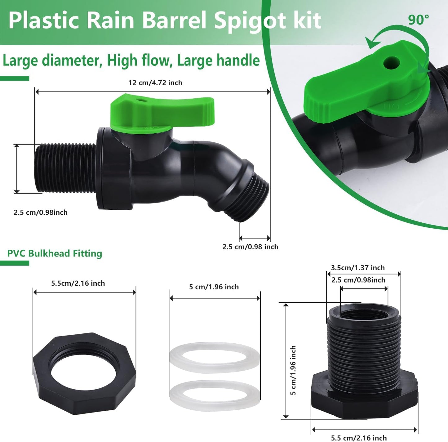 High Flow Rain Barrel Spigot Kit with Bulkhead Fitting，Rain Barrel Drain Valve for Rain Water Barrel, Water Tanks, 55 Gallon Drum ，3/4 GHT Outlet