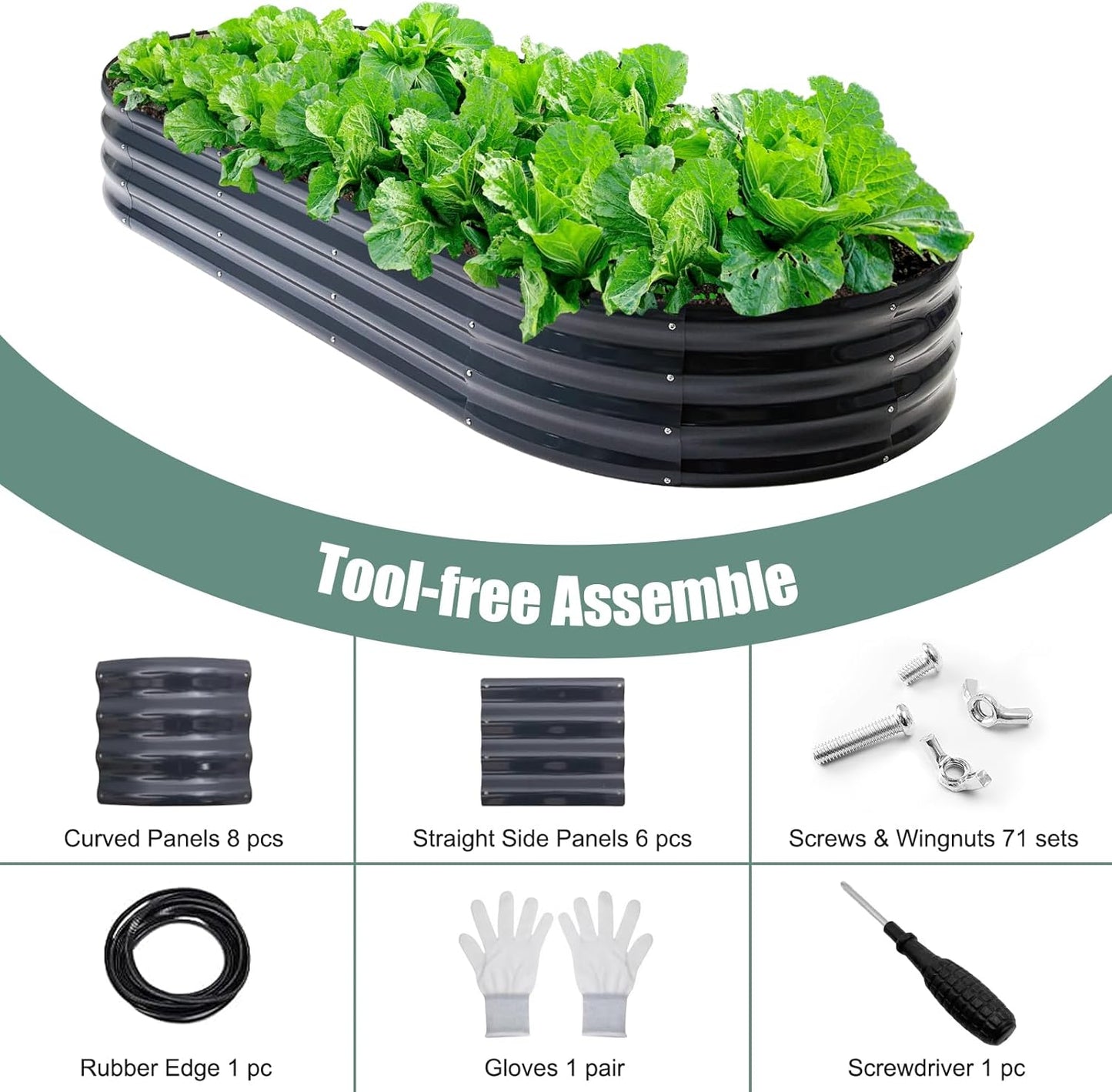 Galvanized Steel Raised Garden Bed 12" Tall Oval Galvanized Steel Raised Garden Bed - 7x3ft Oval Outdoor Planter Box with Rubber Edging (Grey)