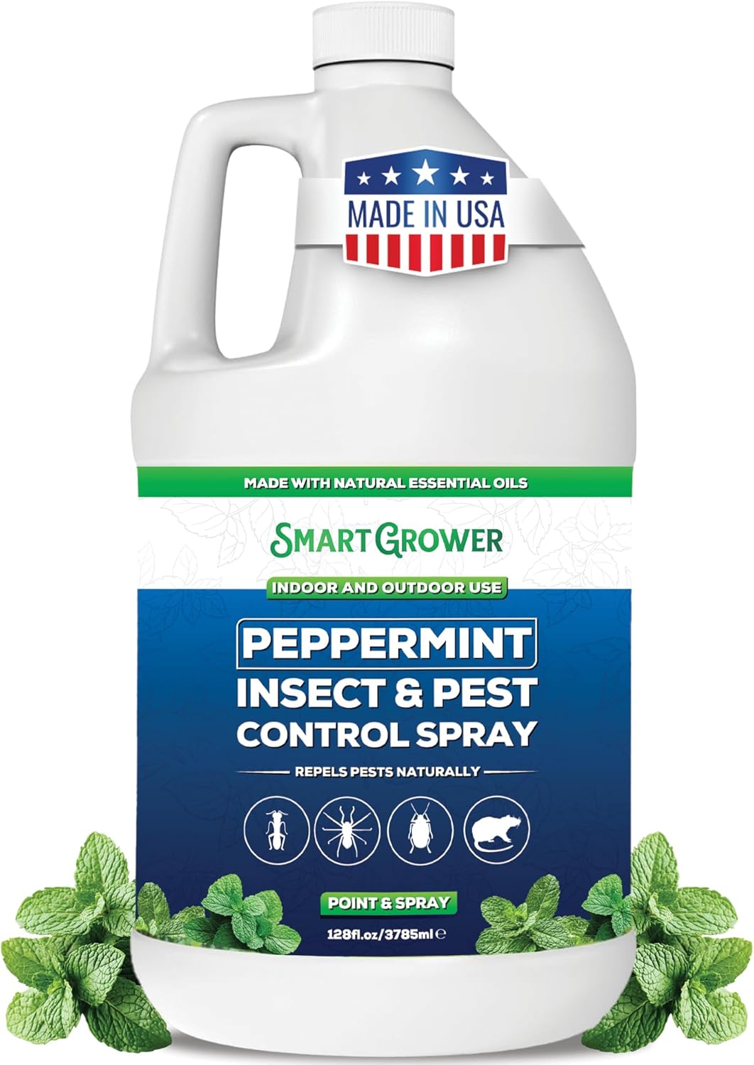 All Natural Peppermint Oil Insect & Pest Control Spray Repels Mice, Spiders, Ants, for Home, Indoor, Outdoor, Garden Maximum Strength Smart Grower Ready to Use 128 FL OZ