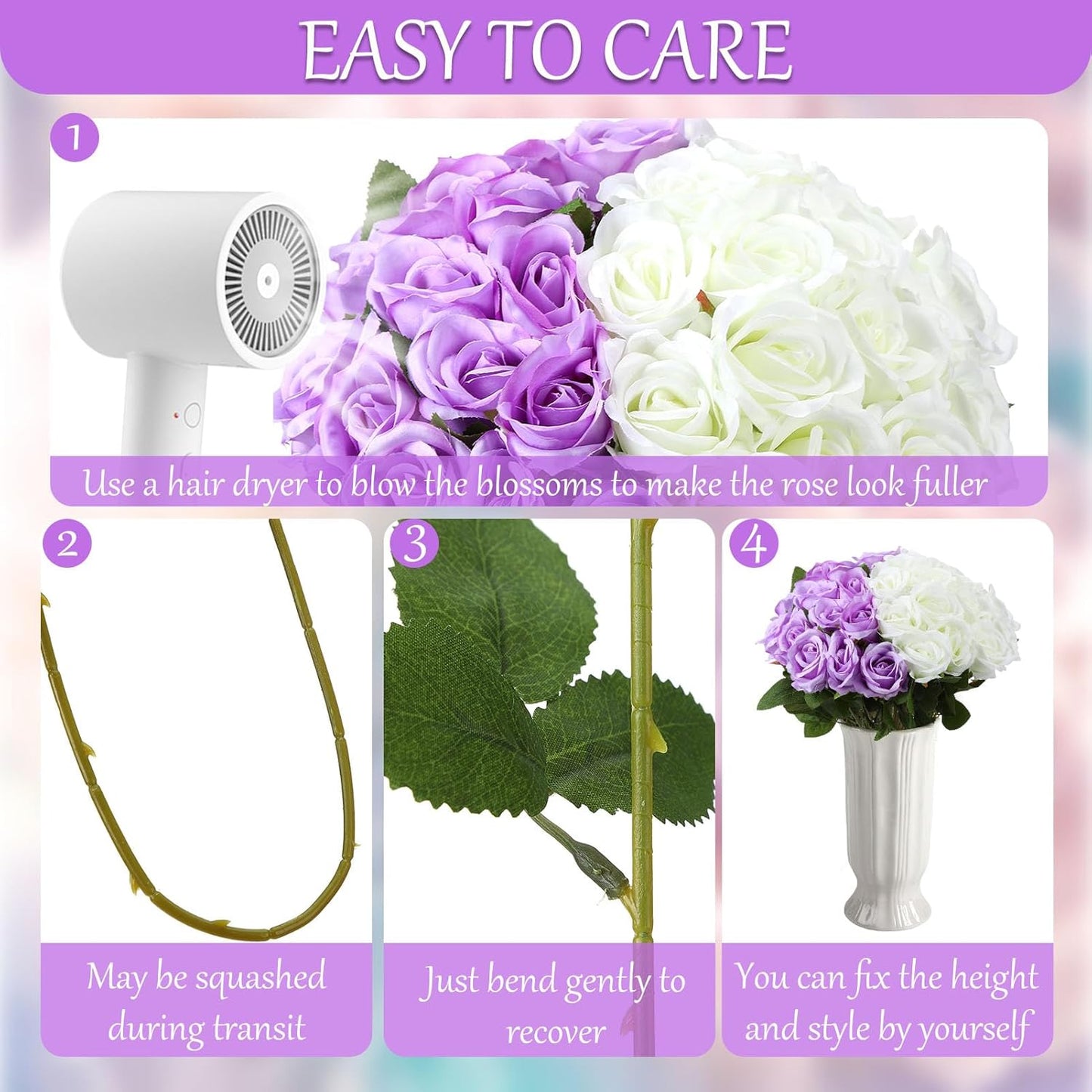 Hoemwarm 36 Pcs Silk Purple White Rose Bouquet Bridal Artificial Flowers,Fake Rose Long Stem Realistic Flowers Bulk for Wedding Bouquet Ball Arrangement Centerpiece Party Decor