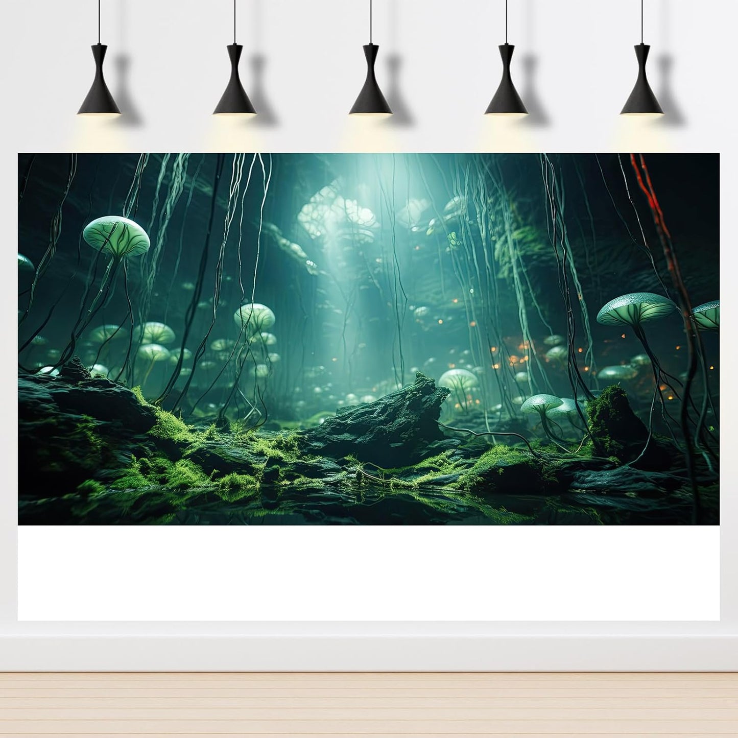 Aquarium Background Foggy Stone Mushroom Green Moss Fish Tank Background Mysterious Green Seaweed Scenery Aquarium Backgrounds White Mushroom Reptile Tank Enclosure Backgrounds Wallpaper 36x20in