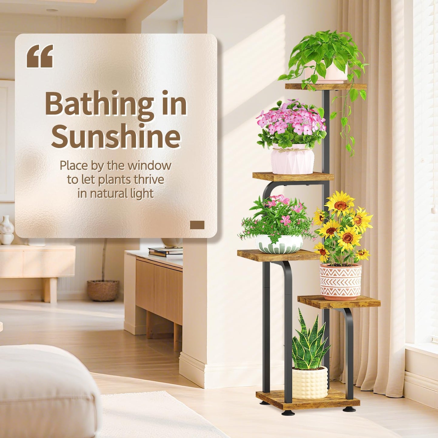 LASZOLA Black 5 Tiered Tall Plant Stand Indoor with Heavy Duty Wood Tray, Large Multi Level Vertical Planter Rack for Narrow Corner, Sturdy Rustic Tall Orchid Flower Shelving Holder for House Decor