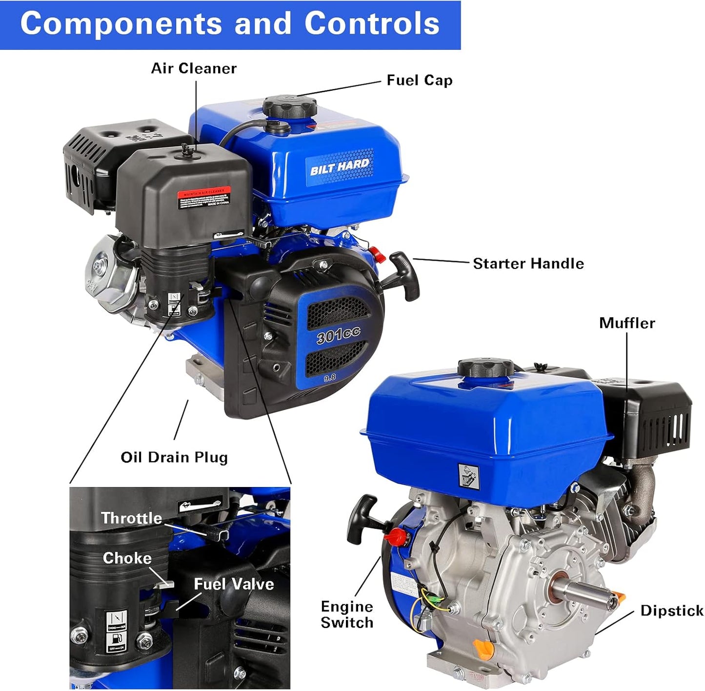 BILT HARD 301cc 10HP Gas Powered Engine, Horizontal 4 Stroke OHV Gas Motor, Shaft 1" Diameter, 3.48" Length, 1/4" Keyway, Replacement for Compressor, Log Splitter