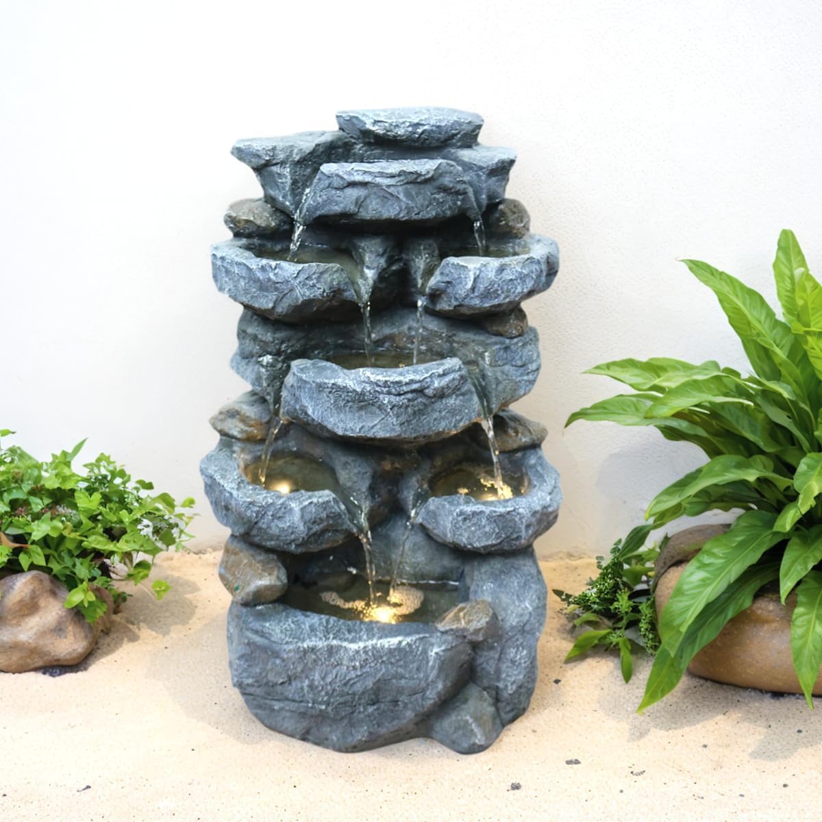 Water Fountain with Lights Outdoor Garden Decor,5-Tier Cascading Rock Waterfall for Indoor Patio Backyard Porch Art Decoration 21.6 Inches