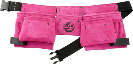 Graintex DS2118 11 Pocket Pink Color Suede Leather Tool Belt/Tool Bag/Work Apron, 2 Hammer Loops, Adjustable Belt | Construction, Carpenter, Roofing, Drywall, Electrician, Gardening, DIY