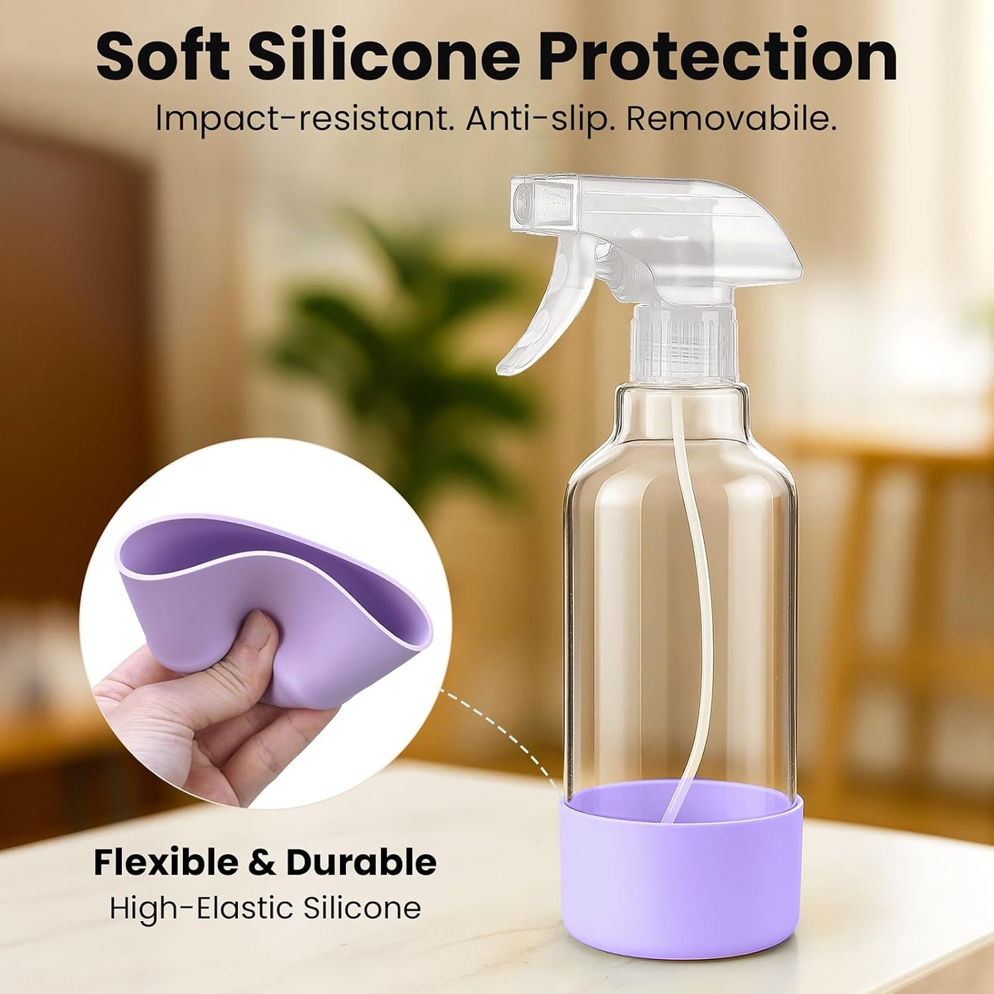 Glass Spray Bottles with Silicone Sleeve 16.9oz 2 Pack Empty Spray Bottle for Hair Mist/Stream Spraying for Cleaning Solutions, Plants, Essential Oils (clear-sblue&purple)