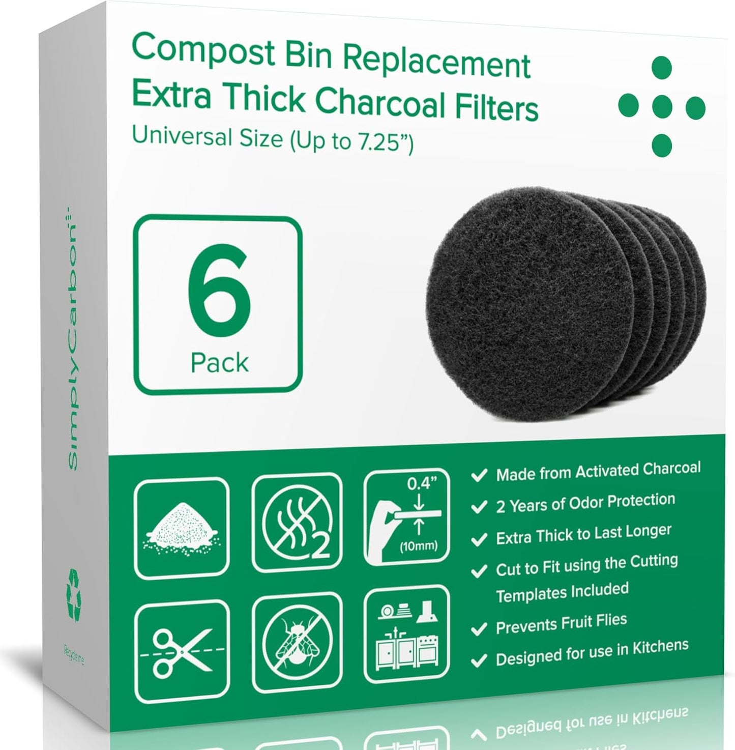 2 Years Supply Extra Thick Filters for Kitchen Compost Bins - Longer Lasting Activated Charcoal - Universal Size Fits ALL Compost Bins up to 7.25" Filter Size - Replacement Set of 6 (by Simply Carbon)