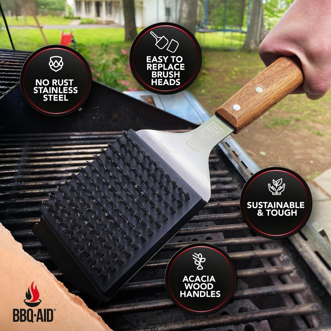 BBQ-Aid Grill Brush and Scraper for Barbecue – Grill Brush for Outdoor Grill with Extended, Large Wooden Handle and Replaceable Stainless Steel Bristles Head –No Scratch- BBQ Grill Brush for Any Grill