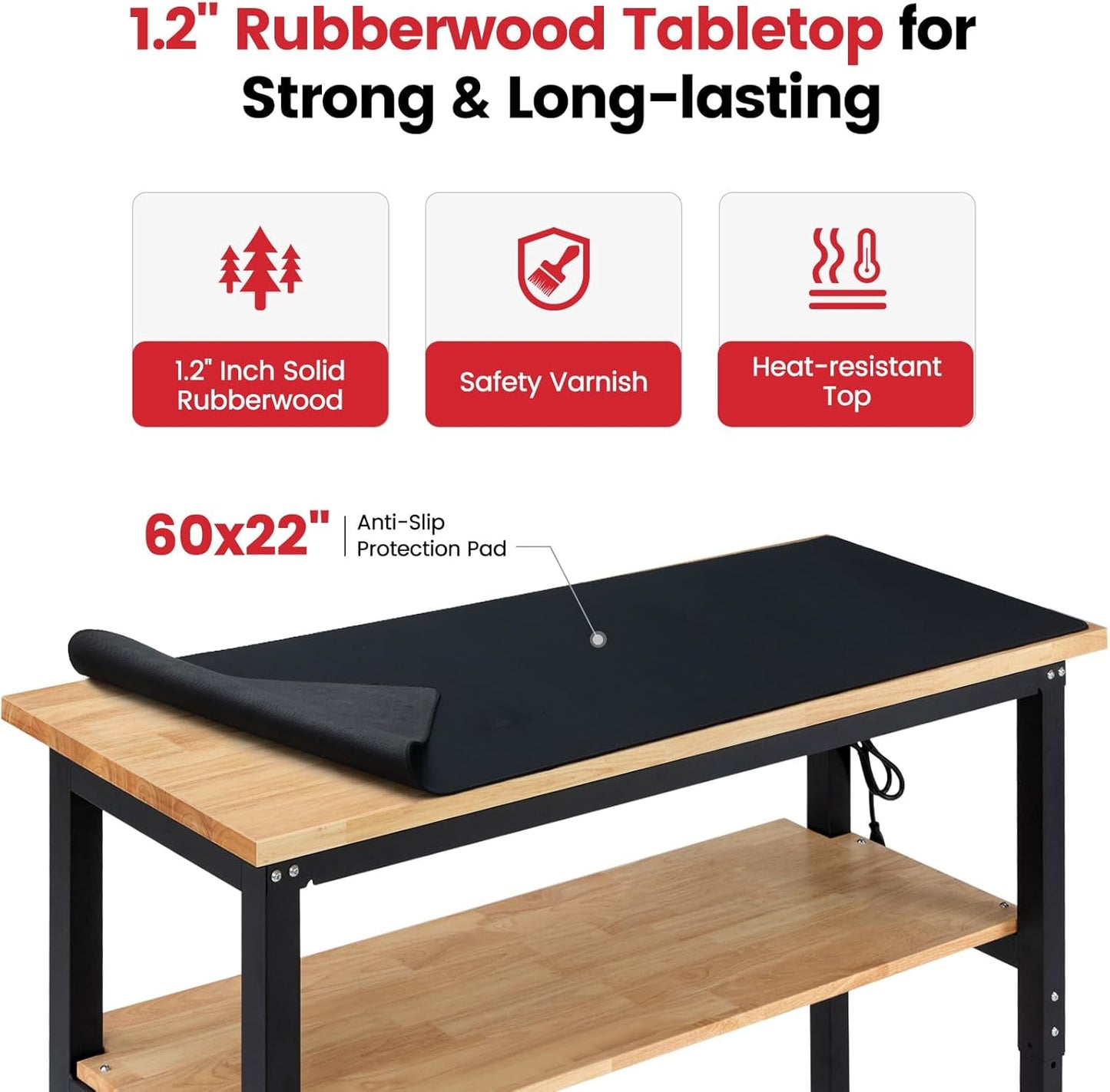 Adjustable Height Work Bench 60x 22 Workbench for Garage Work Table with Under Table Shelf for Shop Woodworking, Heavy Duty Rubber Wood Top for Office, Home, Commercial