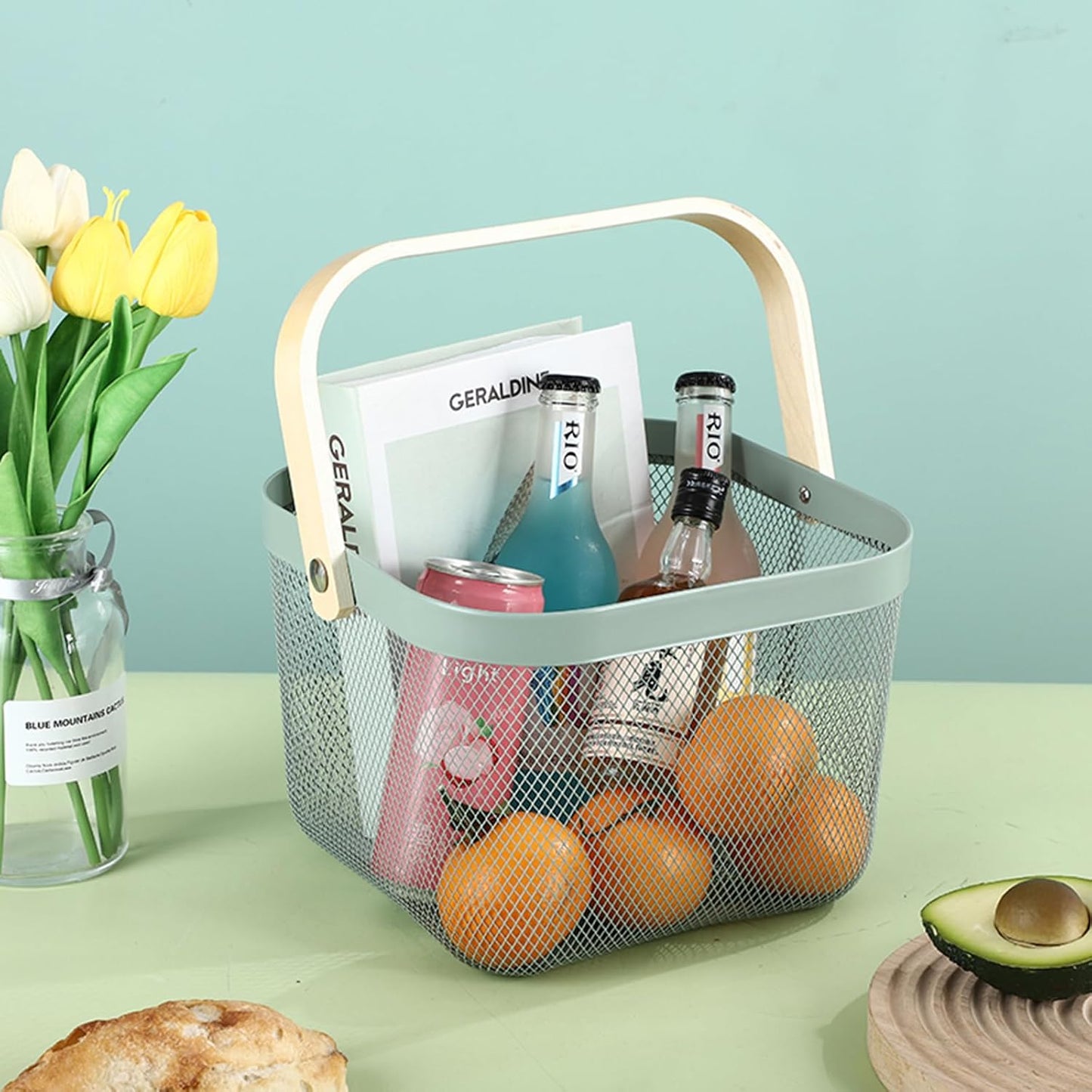 Metal Mesh Steel Basket, Storage Organizer Basket Multi-functional Hanging Kitchen Basket Fruit Basket Bin with Bamboo Handle, 9.84 x 10.2 x 7 inch, Mint Green