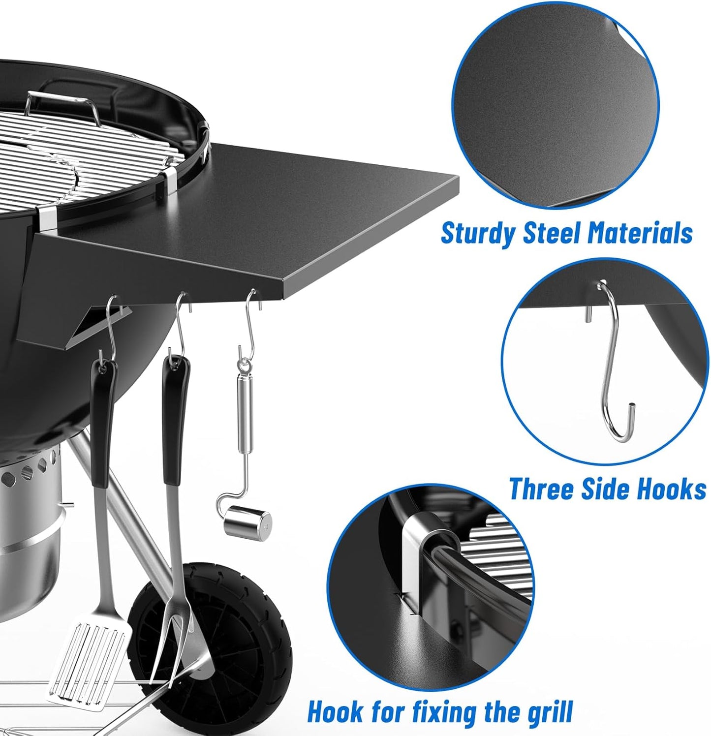 Charkettle Grill Table Shelf Compatible with Weber 22 Inches Kettle Grills, Outdoor Charcoal Grill Side Table BBQ Accessories with Hooks