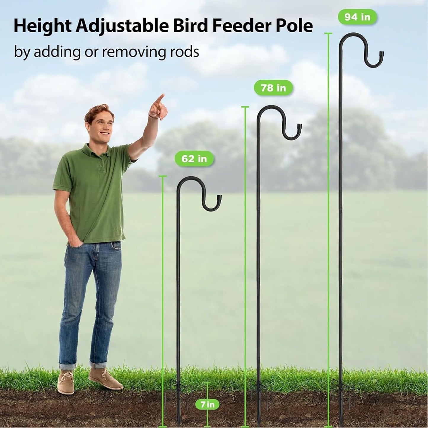 Bird Feeder Pole, 94" Shepherds Hooks for Outdoor, Hummingbird Feeders Stand Heavy Duty with Stable 5-Prong Base, Hanging Plant Shepherd Hook Hanger Stick for Outside Garden Yard Wedding