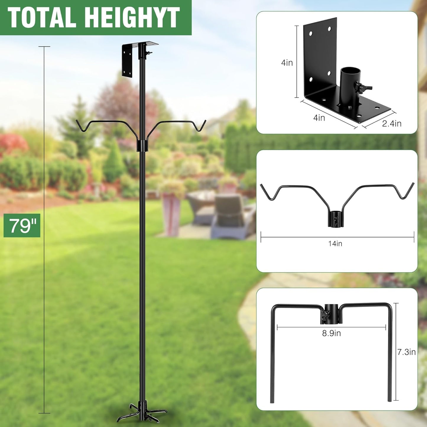 Bird Feeder Pole, 79 Inch Heavy Duty Bird House Pole Mount Kit for Outdoors, Adjustable Metal Bird Feeding Stand, with 2-Hooks, 5-Prong Base for Hanging Feeders, Black