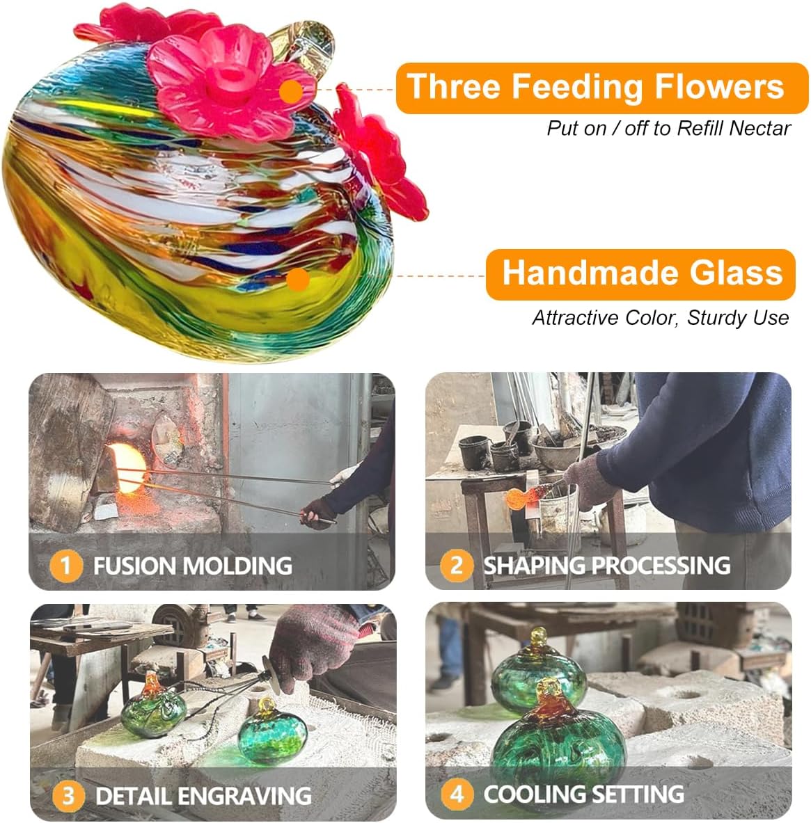 Small Glass Hummingbird Feeders for Outdoors Hanging - 4PC x Multi Color Hand Blown Glass Ball Nectar Feeding + Rain Cover, 3 Flowers Feeding Ports, Decor for Garden/Backyard Outside