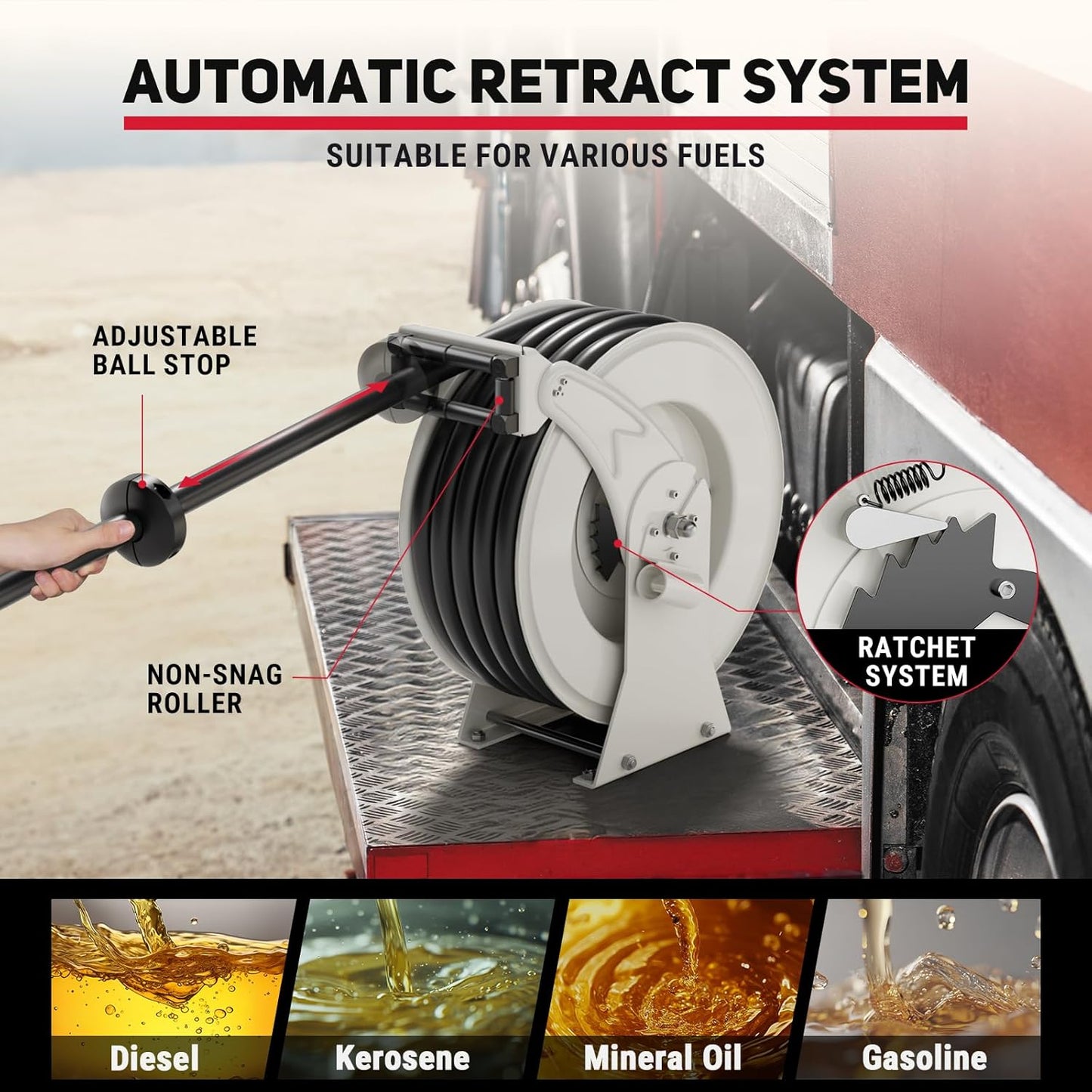 Fuel Hose Reel, 3/4" x 33FT Retractable Hose with Refueling Nozzle, 300 PSI Heavy-duty Steel Construction, Diesel Fuel Kerosene Reel Used for Aircraft Ship Vehicle Tanker Truck